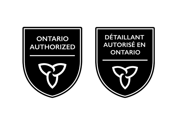 Nature's Canopy House Two badges with the text "Ontario Authorized Cannabis Store" and "Détailant Autorisé de Cannabis en Ontario," featuring a graphic of a stylized trillium flower, representing authorized cannabis Dispensary In East York and York