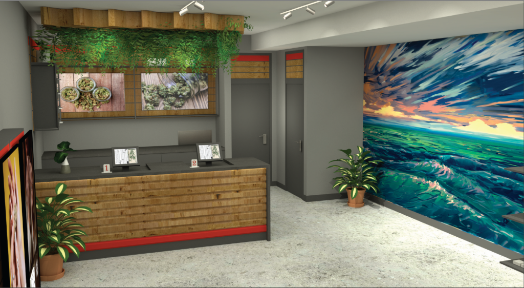 Nature's Canopy House Modern office reception area with wooden desk, hanging plants, and a large oceanic wall mural adjacent to Cannabis stores on Weston Rd. Dispensary In East York and York