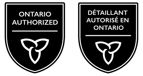 Nature's Canopy House Two black and white shield-shaped logos for a Cannabis Store, featuring a trillium flower icon, one with "Ontario Authorized" and the other with "Détaillant Autorisé Dispensary In East York and York