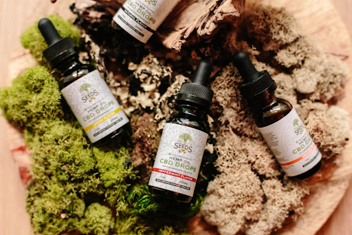 Nature's Canopy House Four bottles of Hemp Oil CBD Drops are arranged on a surface with moss and bark. Each bottle has a dropper cap and labels indicating different flavors or formulations. Dispensary In East York and York