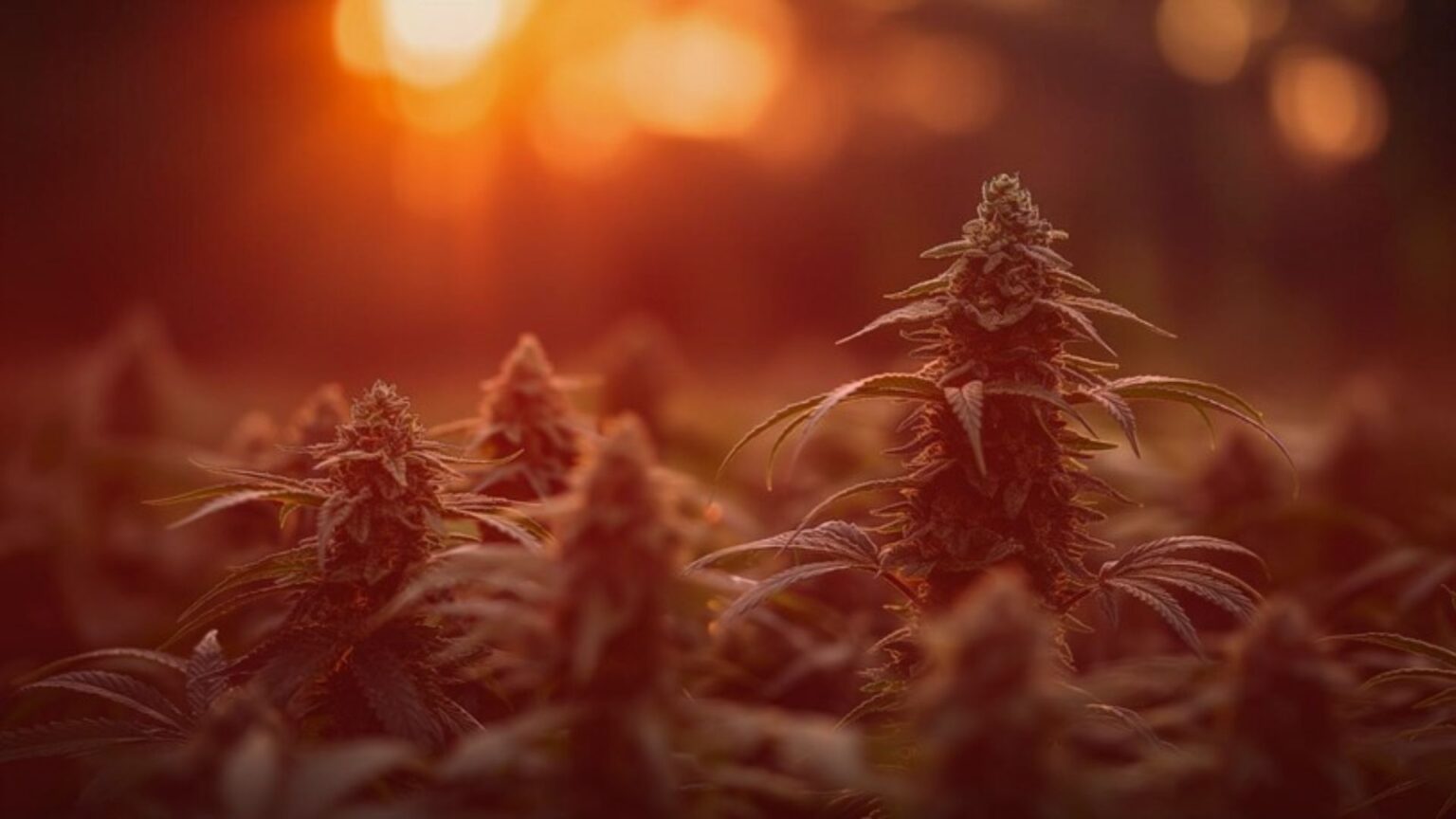 Nature's Canopy House Close-up of a marijuana plant in a field at sunset, with a warm, orange glow illuminating the scene. Dispensary In Mississauga