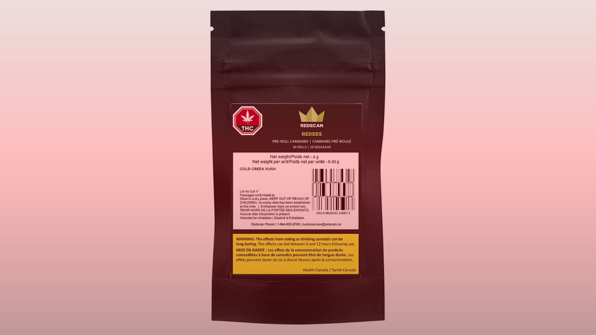 Nature's Canopy House A brown resealable cannabis package, featuring THC and government warning labels, holds the premium Redecan CBD gems. Complete with a barcode and comprehensive product information, it provides details on weight and strain for informed enjoyment. Dispensary In Mississauga