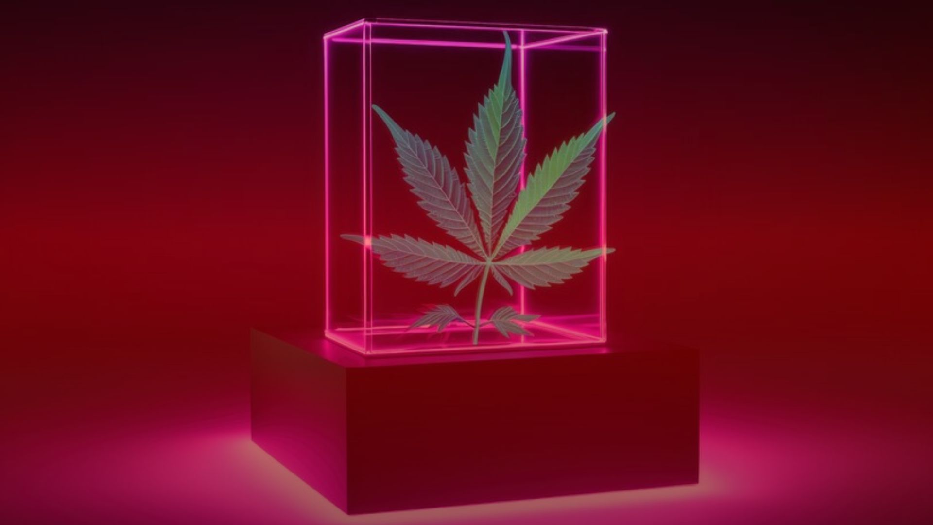 Nature's Canopy House A neon pink-lit display case holds a cannabis leaf on a pedestal against a dark red background, reminiscent of the vibrant imagery often featured in popular cannabis blogs and captivating cannabis content. Dispensary In Mississauga