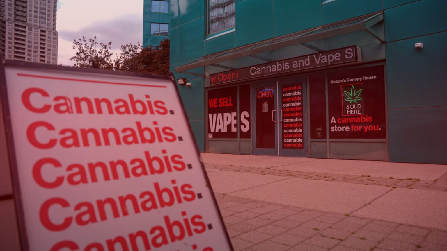 Nature's Canopy House Storefront in a city with signs promoting cannabis and vape products. Dispensary In Mississauga