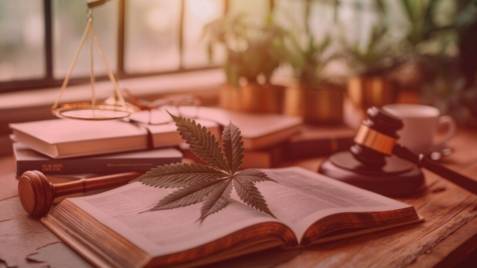 Nature's Canopy House Open book with a cannabis leaf on it, surrounded by a gavel, scales of justice, and potted plants on a rustic wooden table—a scene that symbolizes the ongoing journey of cannabis legalization. Dispensary In Mississauga