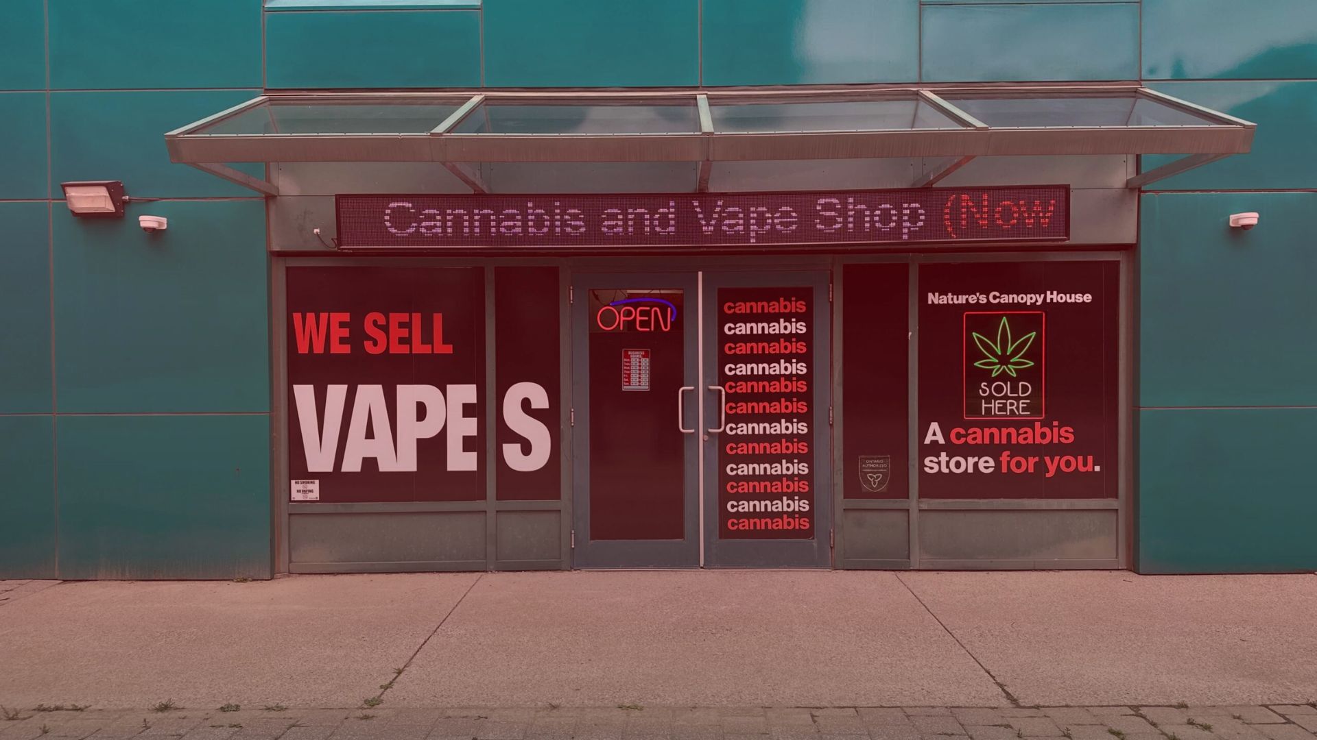 Nature's Canopy House Storefront of a cannabis and vape shop with signs reading "We sell Vapes" and "Nature's Canopy House." The word "cannabis" is repeated on the door, marking it as the nearest dispensary in town for those seeking premium offerings. Dispensary In Mississauga