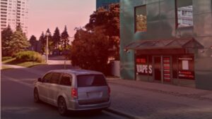 Nature's Canopy House A minivan is parked on a street near a building with signs advertising the best cannabis near me and vapes. Trees and other buildings are in the background. Dispensary In Mississauga