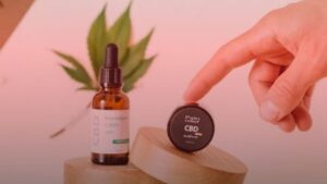 Nature's Canopy House A hand reaches for a small container labeled "Pain Relief CBD Salve" next to a bottle of "Premium CBD Oil," highlighting the beauty benefits of cannabis with its soothing CBD skin care properties, all set against the backdrop of a vibrant cannabis leaf. Dispensary In Mississauga