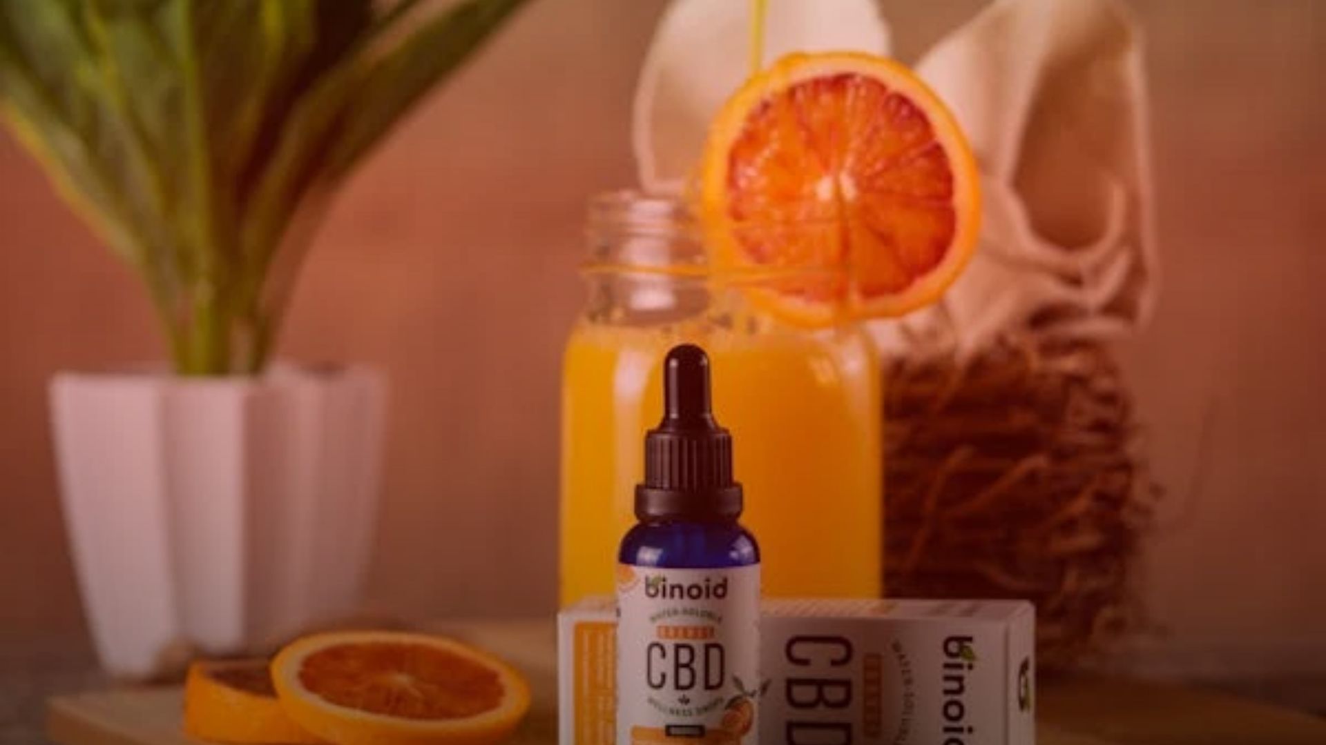 Nature's Canopy House A bottle of CBD oil and a package of sweet cannabis edibles are displayed alongside a glass of orange juice, garnished with a slice. A plant adds a natural backdrop. Dispensary In Mississauga