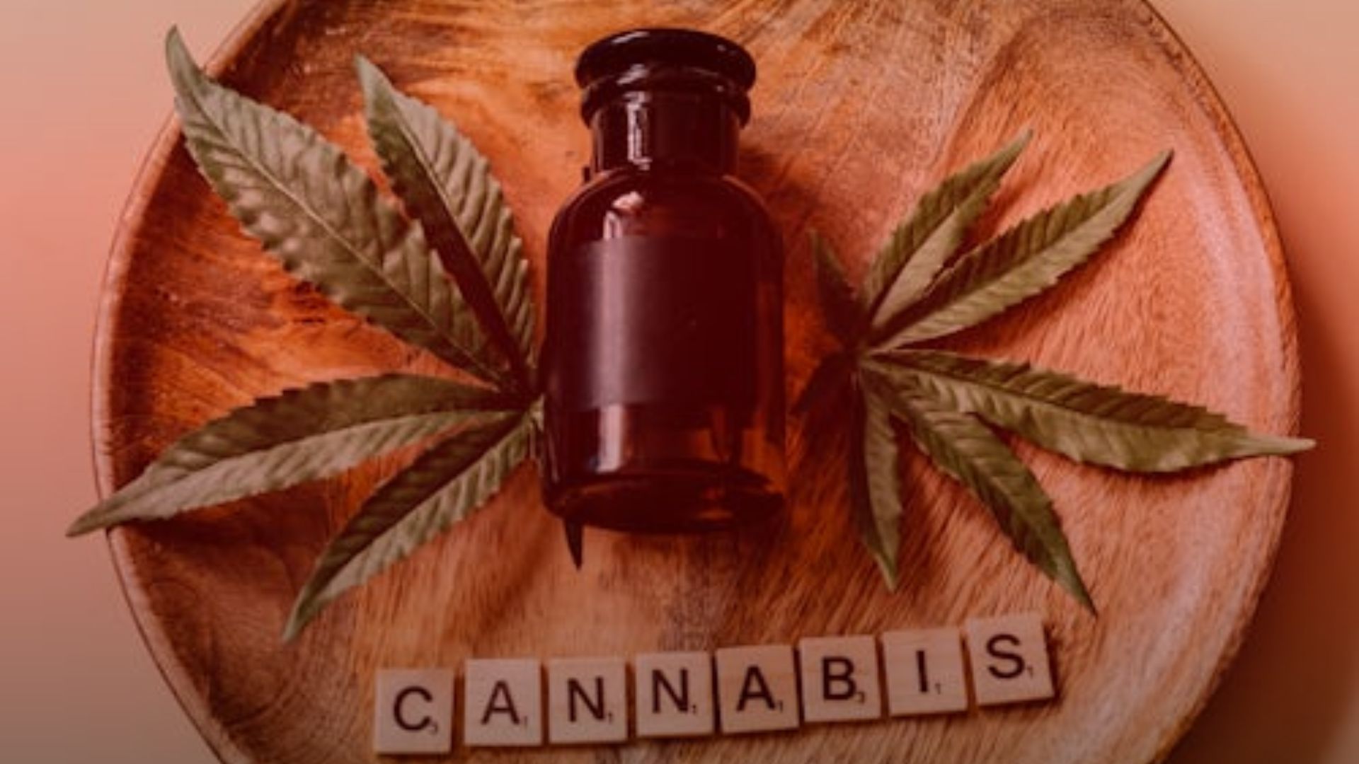 Nature's Canopy House A brown bottle of full-spectrum CBD oil and cannabis leaves are artfully arranged on a wooden plate. Scrabble tiles below spell out "CANNABIS. Dispensary In Mississauga