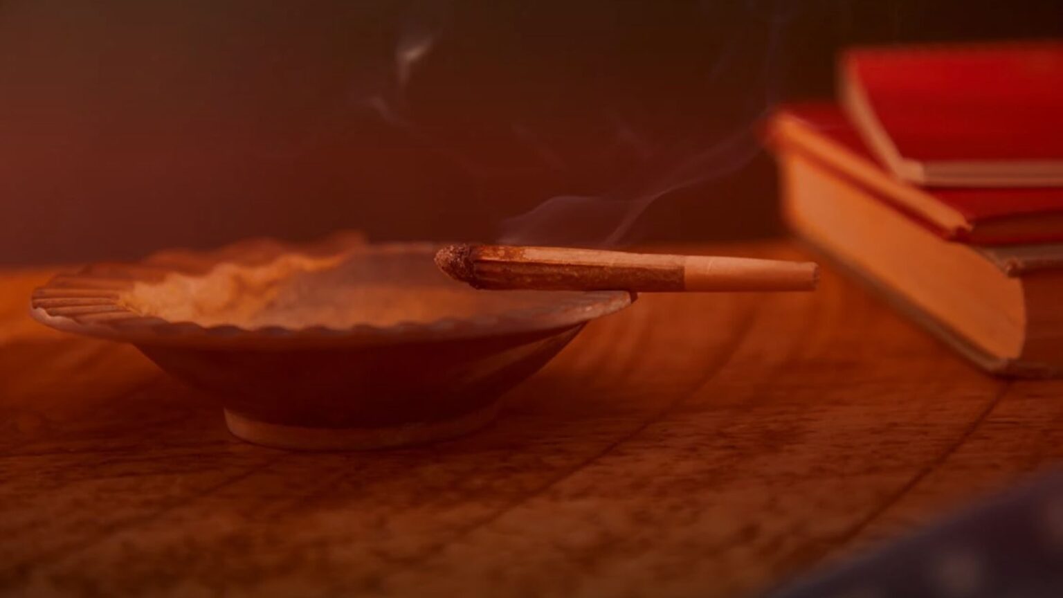 Nature's Canopy House A lit cigarette rests in an ashtray on a wooden table, surrounded by a quiet debate of CBD vs. THC implied through the stack of red books in the background. Dispensary In Mississauga