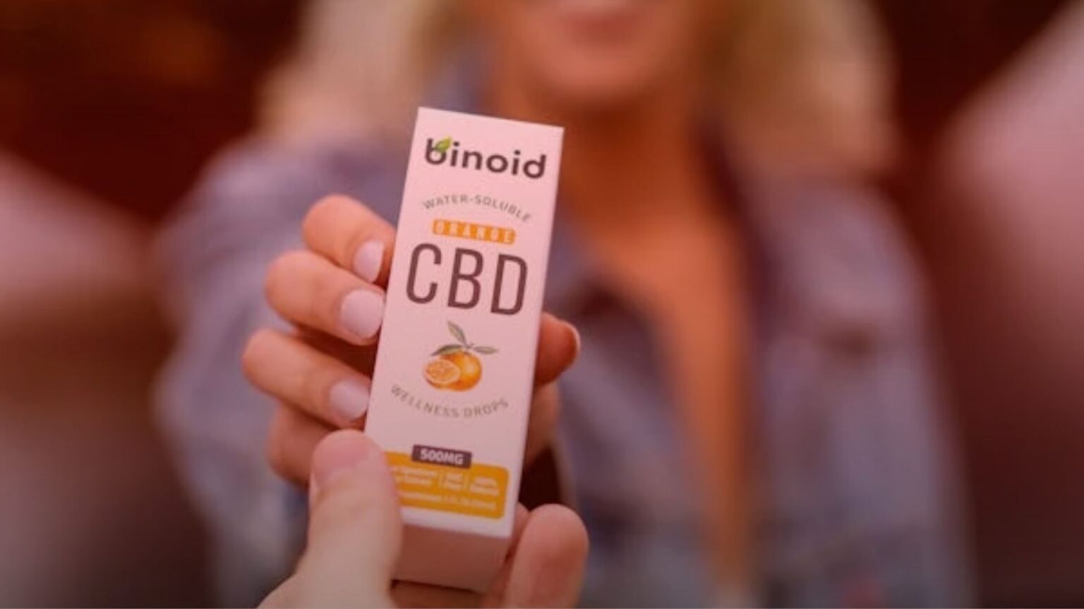 Nature's Canopy House A person holds a box of Binoid brand CBD wellness drops, renowned for their orange flavor and potential benefits in pain management. Dispensary In Mississauga