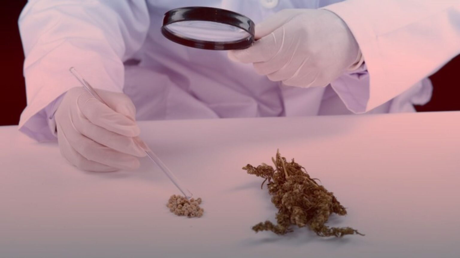 Nature's Canopy House A person in lab attire carefully examines a small sample with a pipette and magnifying glass next to a plant specimen on a white table, ensuring safe cannabis consumption practices. Dispensary In Mississauga